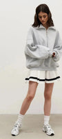Kadın Gri Yarım Fermuarlı Ceket Sweatshirt 3 İplik Şardonlu Oversize Kesim