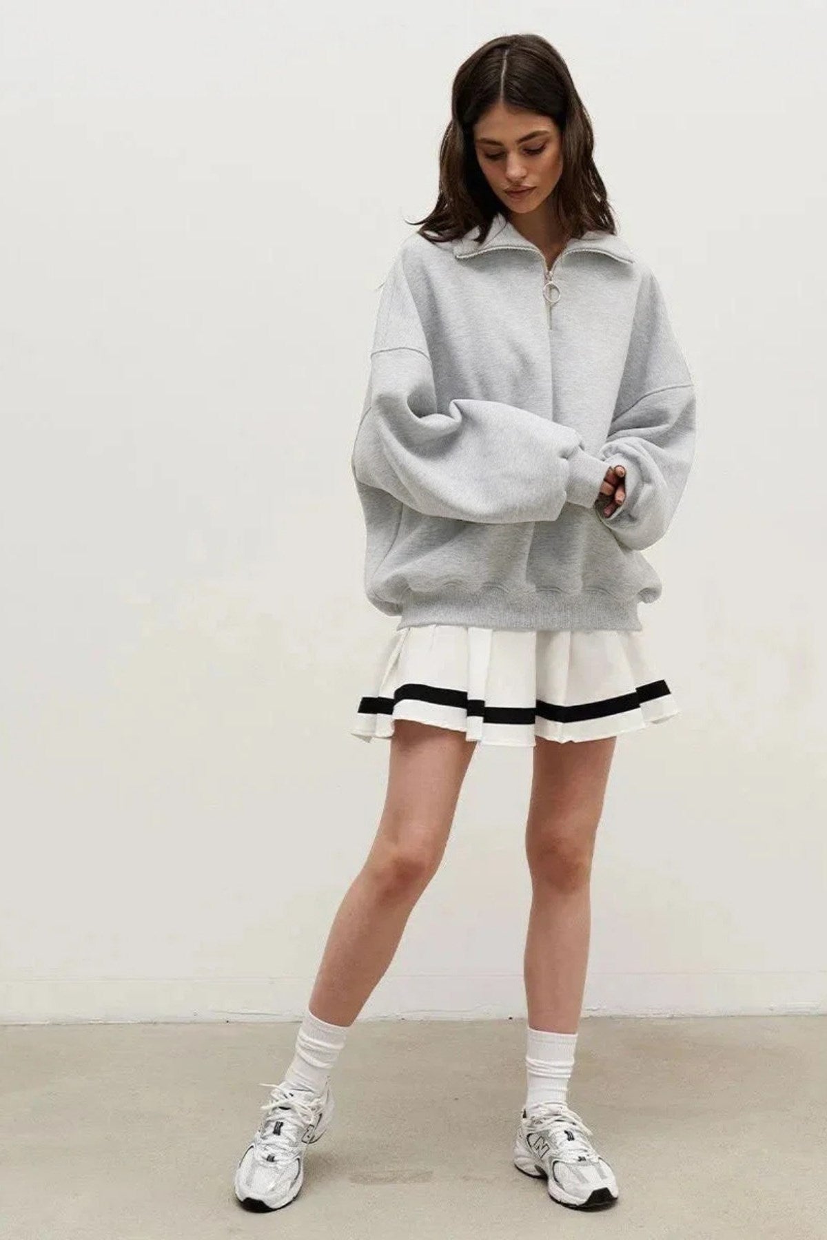 Kadın Gri Yarım Fermuarlı Ceket Sweatshirt 3 İplik Şardonlu Oversize Kesim