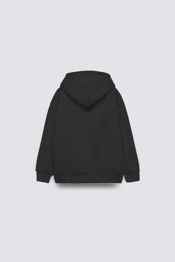 Siyah Basic Çocuk Kapüşonlu Kanguru Cep Detaylı İçi Polar Oversize Sweatshirt