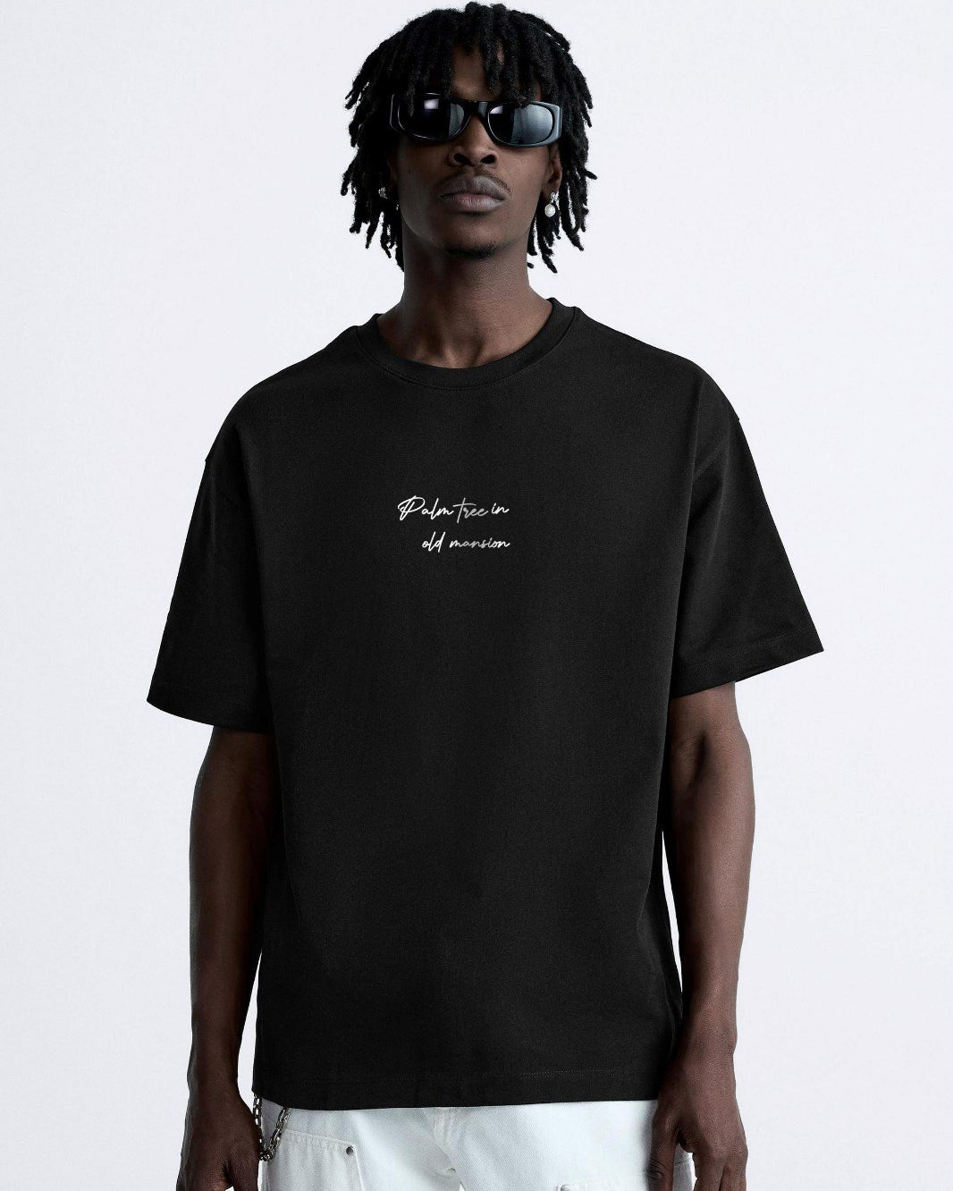  Bisiklet Yaka Palmiye Baskılı Oversize Siyah Erkek T-shirt