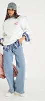 Unisex Oversize Sweatshirt Norf Sarf Harita Baskılı Beyaz – Bisiklet Yaka, 3 İplik Şardonlu Polar