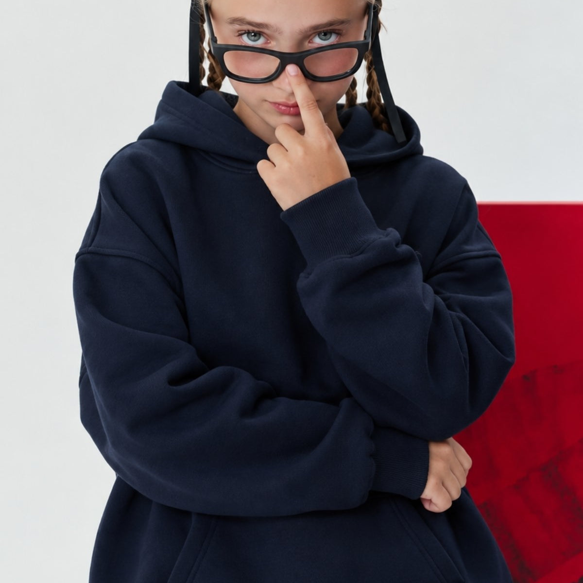 Kız Çocuk Oversize Basic Hoodie Sweatshirt Lacivert – Kapüşonlu, Kanguru Cepli, 3 İplik Polar