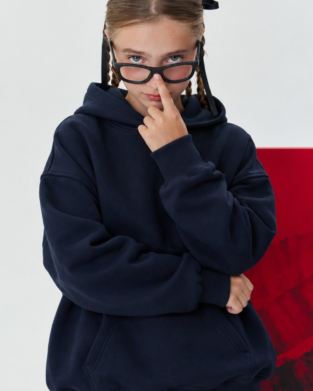 Kız Çocuk Oversize Basic Hoodie Sweatshirt Lacivert – Kapüşonlu, Kanguru Cepli, 3 İplik Polar