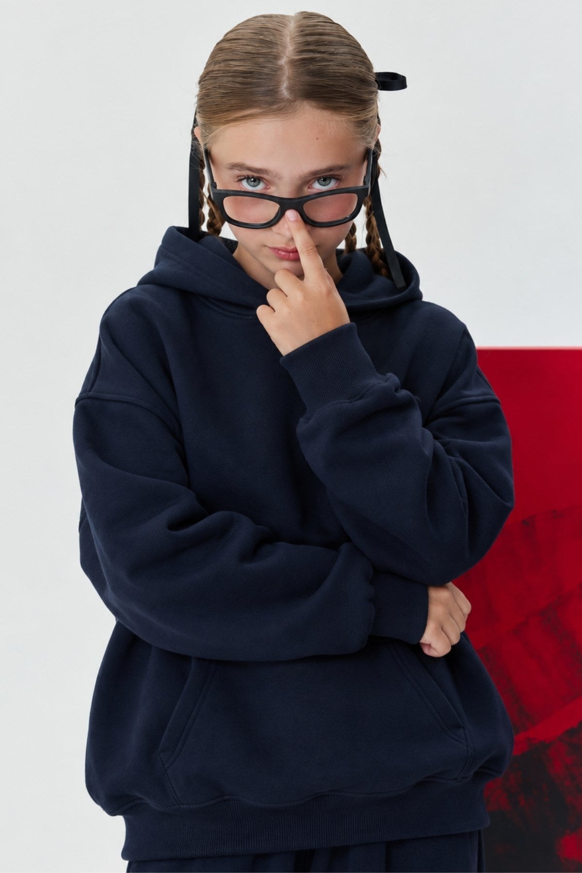 Kız Çocuk Oversize Basic Hoodie Sweatshirt Lacivert – Kapüşonlu, Kanguru Cepli, 3 İplik Polar