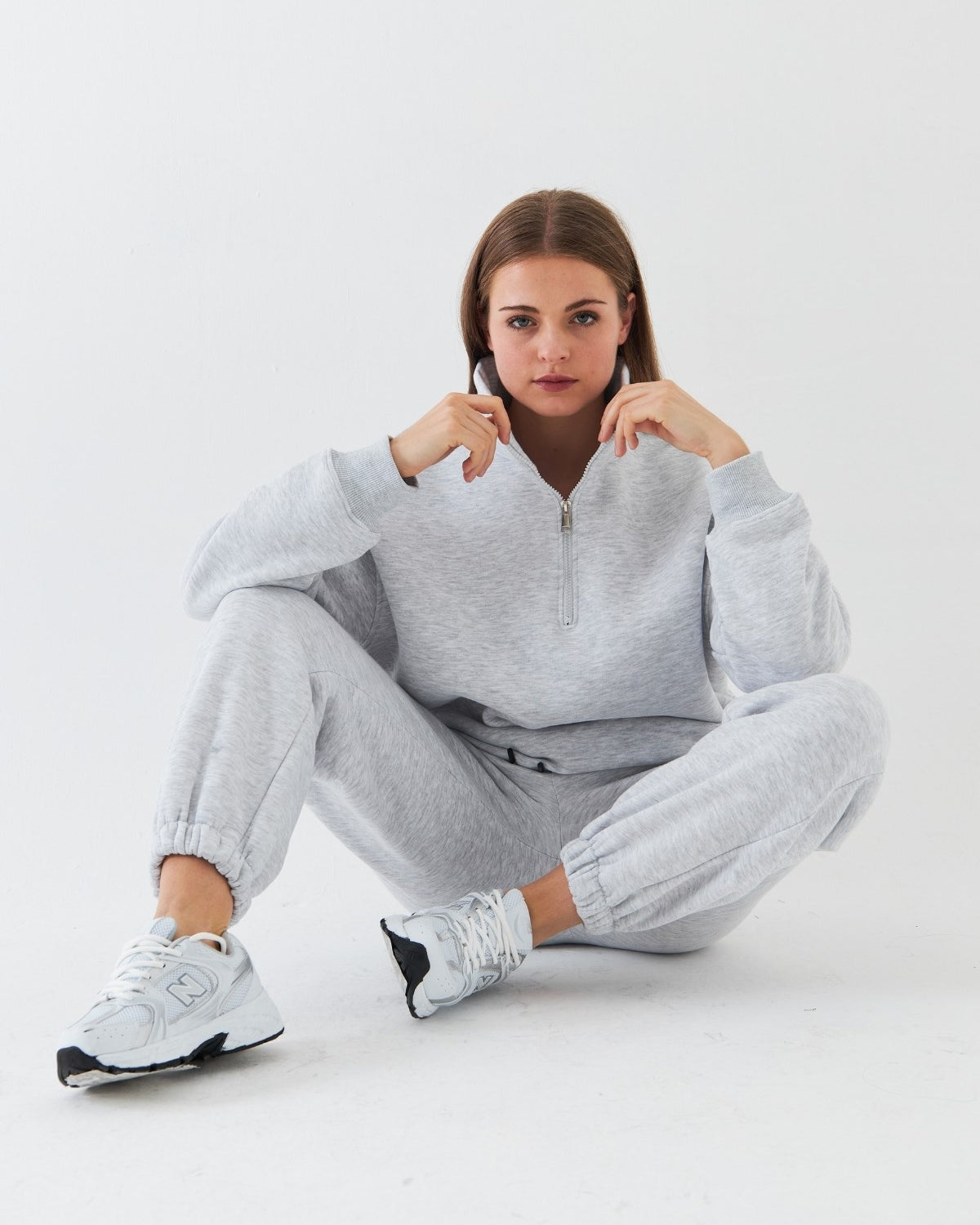 Unisex Oversize Sweatshirt Basic Gri – Yarım Fermuar Dik Yaka, 3 İplik Şardonlu Polar