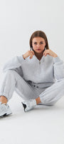 Unisex Oversize Sweatshirt Basic Gri – Yarım Fermuar Dik Yaka, 3 İplik Şardonlu Polar