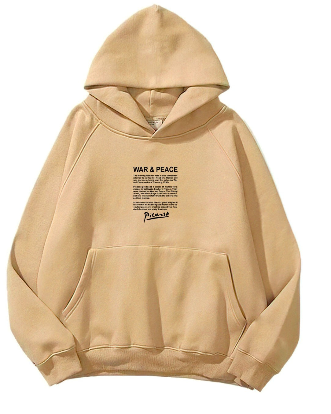 Kapüşonlu İçi Polar War & Peace Baskılı Bej Unisex Hoodie Sweatshirt