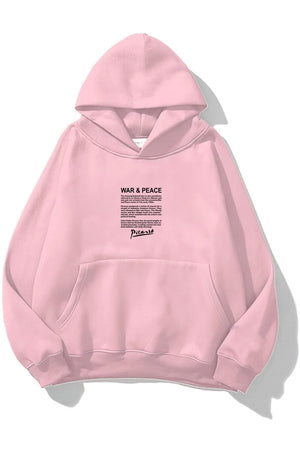 Kapüşonlu İçi Polar War & Peace Baskılı Pembe Unisex Hoodie Sweatshirt