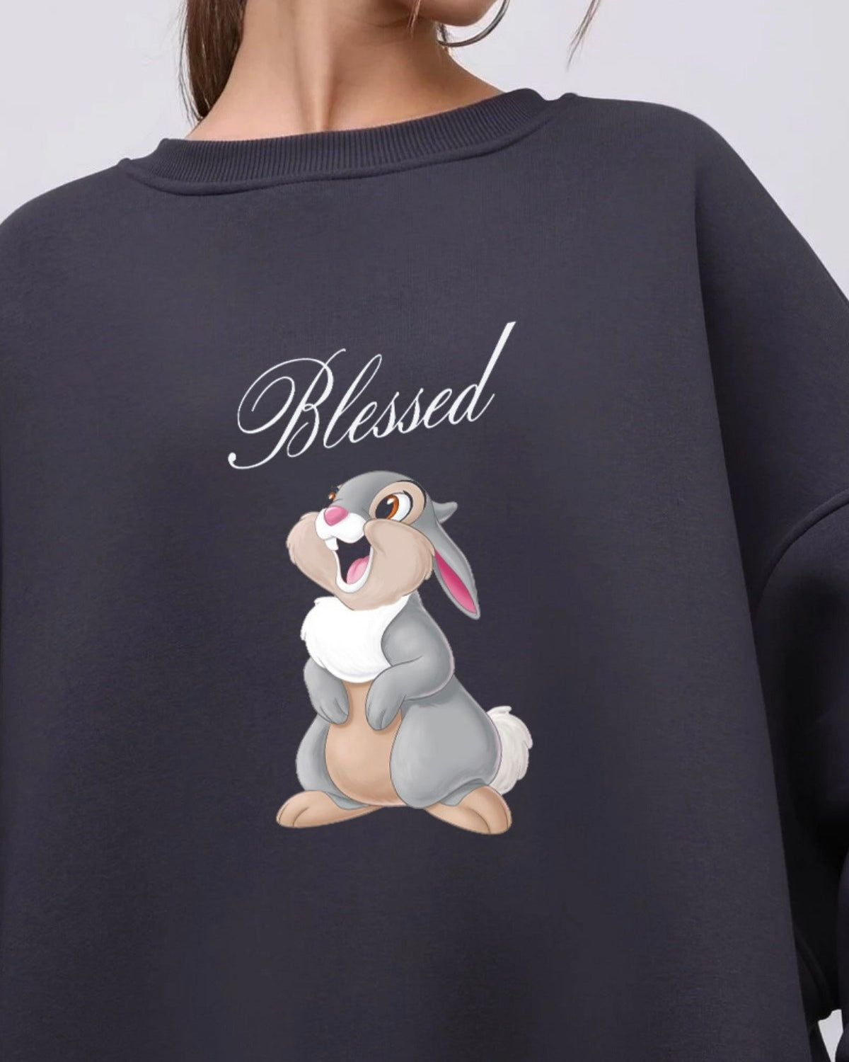 Kadın Oversize Sweatshirt Elbise Blessed Bunny Baskılı Füme – Bisiklet Yaka, 3 İplik Şardonlu Polar
