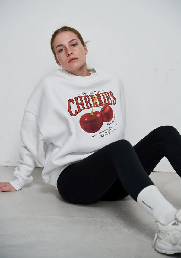 Bisiklet Yaka İçi Polar Cherries Baskılı Beyaz Oversize Sweatshirt