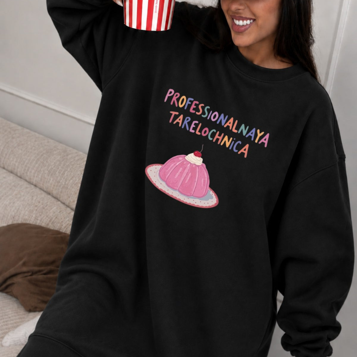 Kadın Oversize Sweatshirt Elbise Sweet Mood Baskılı Siyah – Bisiklet Yaka, 3 İplik Şardonlu Polar