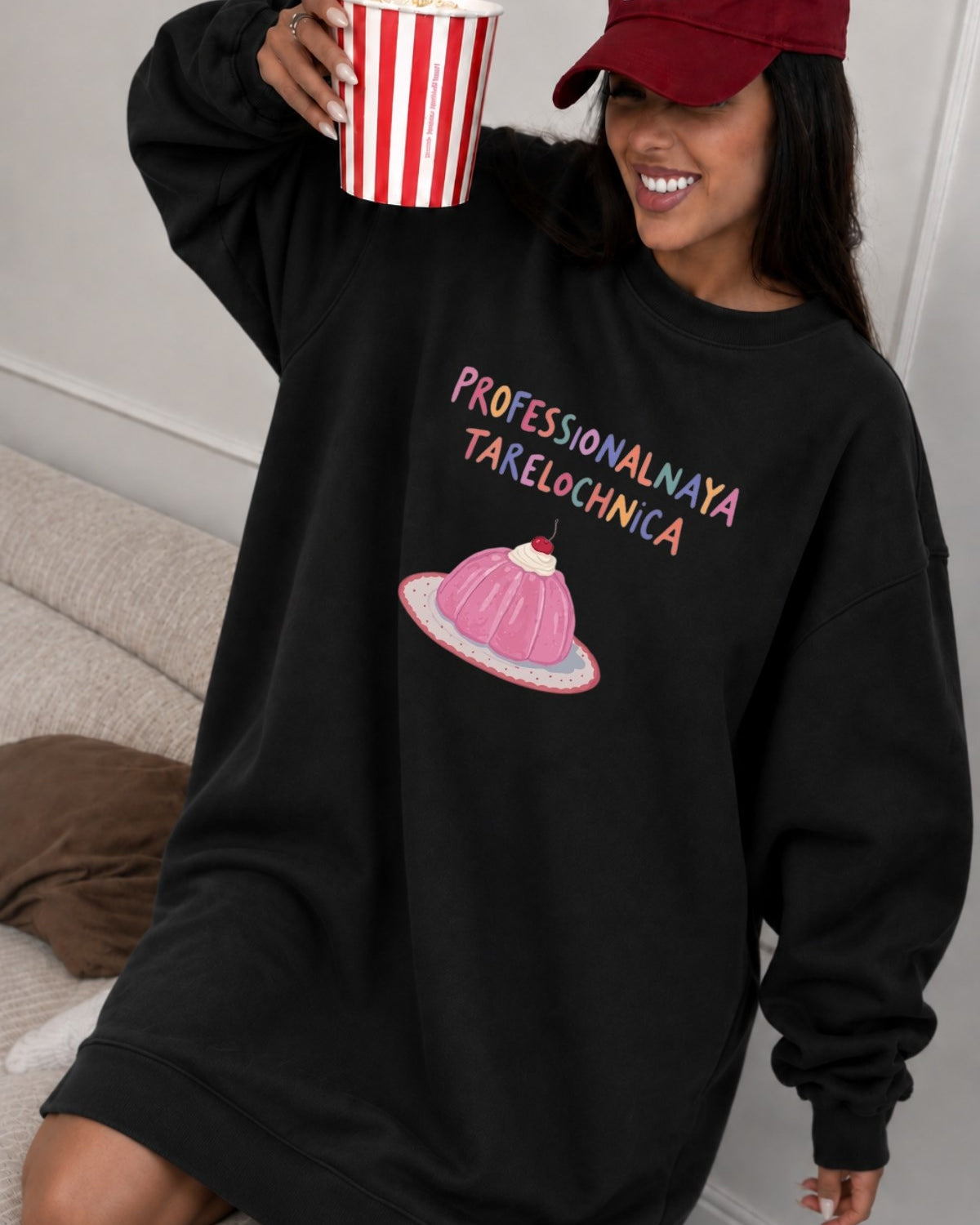 Kadın Oversize Sweatshirt Elbise Sweet Mood Baskılı Siyah – Bisiklet Yaka, 3 İplik Şardonlu Polar