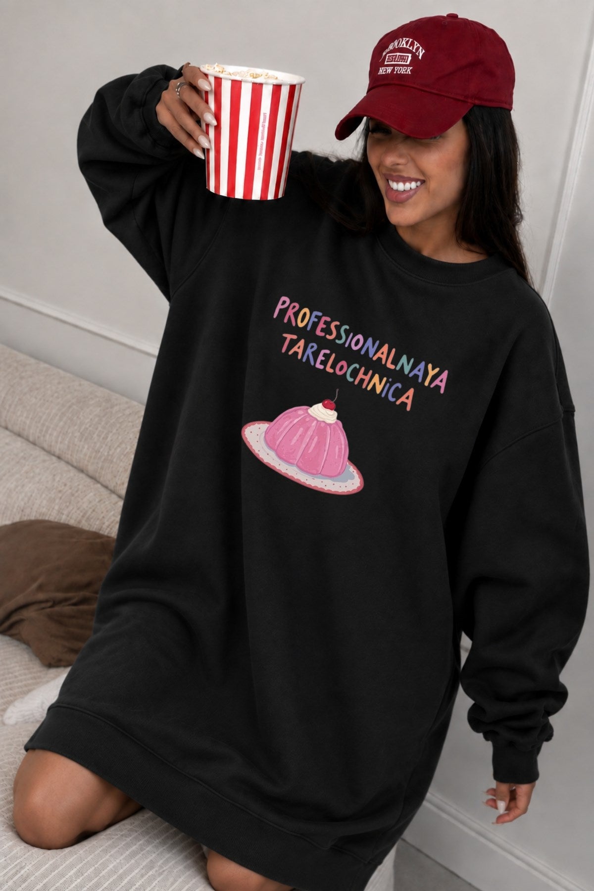 Kadın Oversize Sweatshirt Elbise Sweet Mood Baskılı Siyah – Bisiklet Yaka, 3 İplik Şardonlu Polar