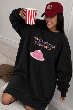 Kadın Oversize Sweatshirt Elbise Sweet Mood Baskılı Siyah – Bisiklet Yaka, 3 İplik Şardonlu Polar