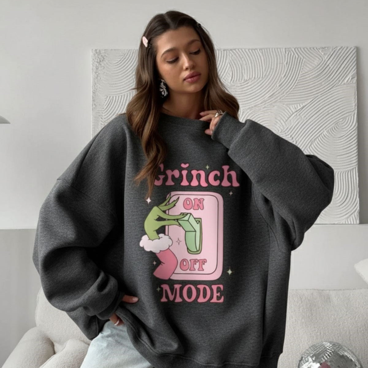 Kadın Oversize Sweatshirt Elbise Grinch Mode Baskılı Füme Melanj – Bisiklet Yaka, 3 İplik Polar