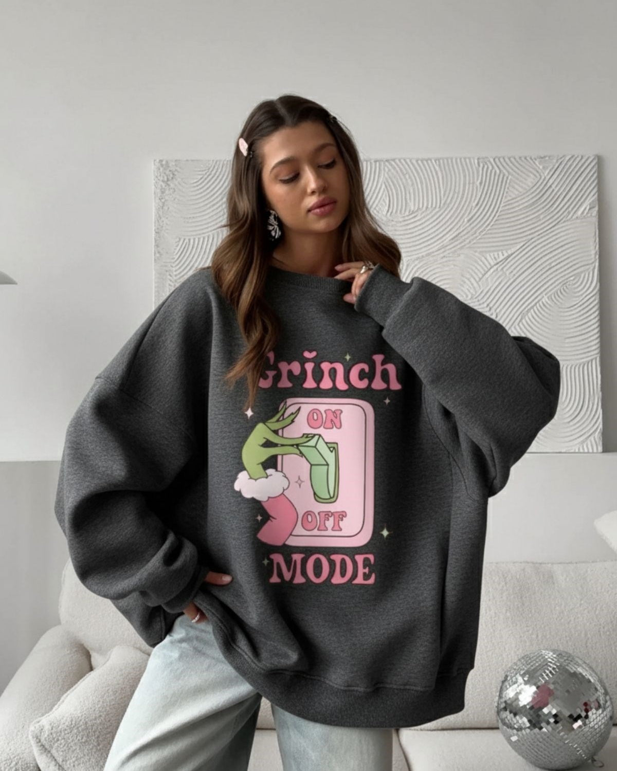 Kadın Oversize Sweatshirt Elbise Grinch Mode Baskılı Füme Melanj – Bisiklet Yaka, 3 İplik Polar