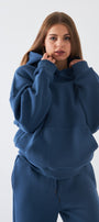  Oversize Unisex Sweatshirt Hoodie Marine – Kapüşonlu, 3 İplik Şardonlu Polar, Kanguru Cepli, Basic