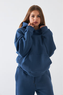 Oversize Unisex Sweatshirt Hoodie Marine – Kapüşonlu, 3 İplik Şardonlu Polar, Kanguru Cepli, Basic