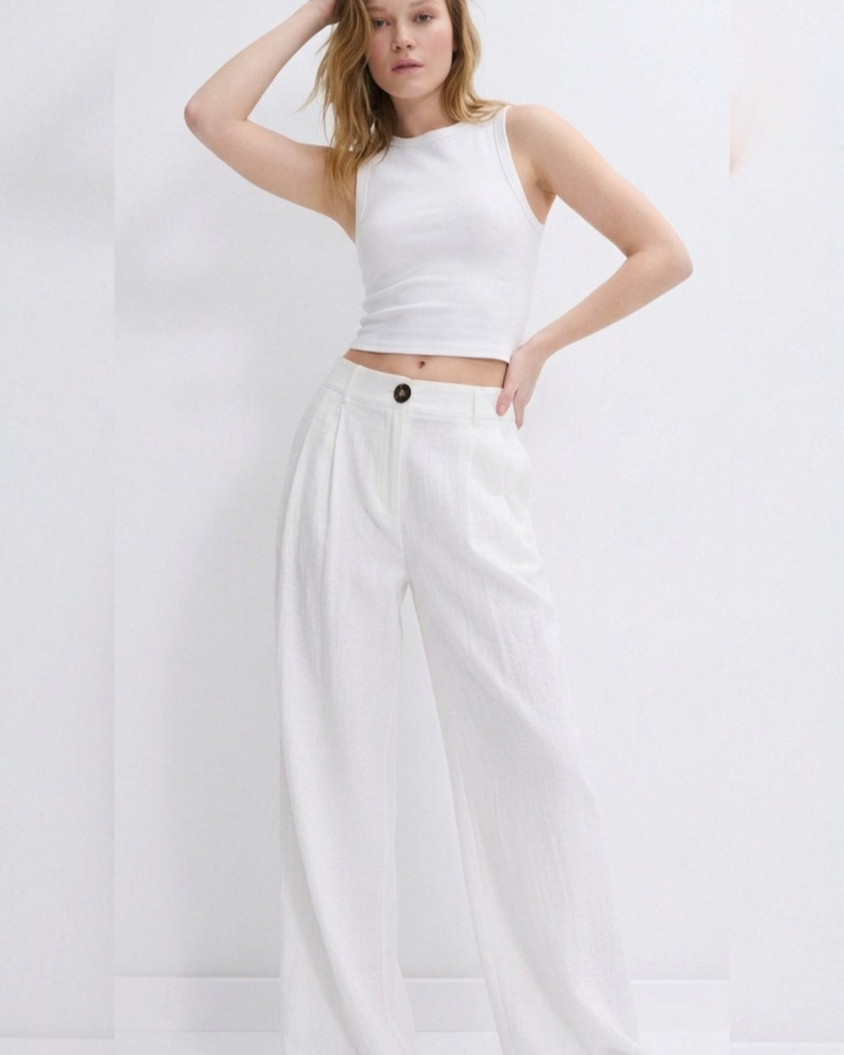 Kadın Verona Pantolon Beyaz – Yüksek Bel Pileli Bol Paça, Düğme Detaylı, Uzun Boy, Modern Kesim