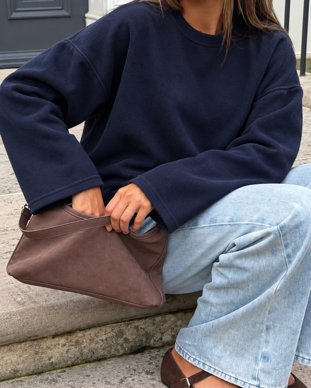 Kadın Relaxed Fit Sweatshirt Basic Lacivert – Bisiklet Yaka, 3 İplik Şardonsuz, Düşük Omuz