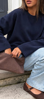 Kadın Relaxed Fit Sweatshirt Basic Lacivert – Bisiklet Yaka, 3 İplik Şardonsuz, Düşük Omuz