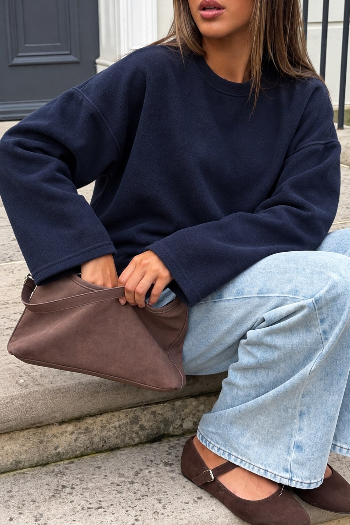 Kadın Relaxed Fit Sweatshirt Basic Lacivert – Bisiklet Yaka, 3 İplik Şardonsuz, Düşük Omuz