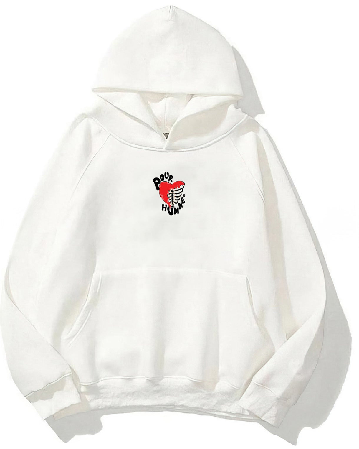 Kapüşonlu İçi Polar Kalp İskelet Baskılı Beyaz Unisex Hoodie Sweatshirt