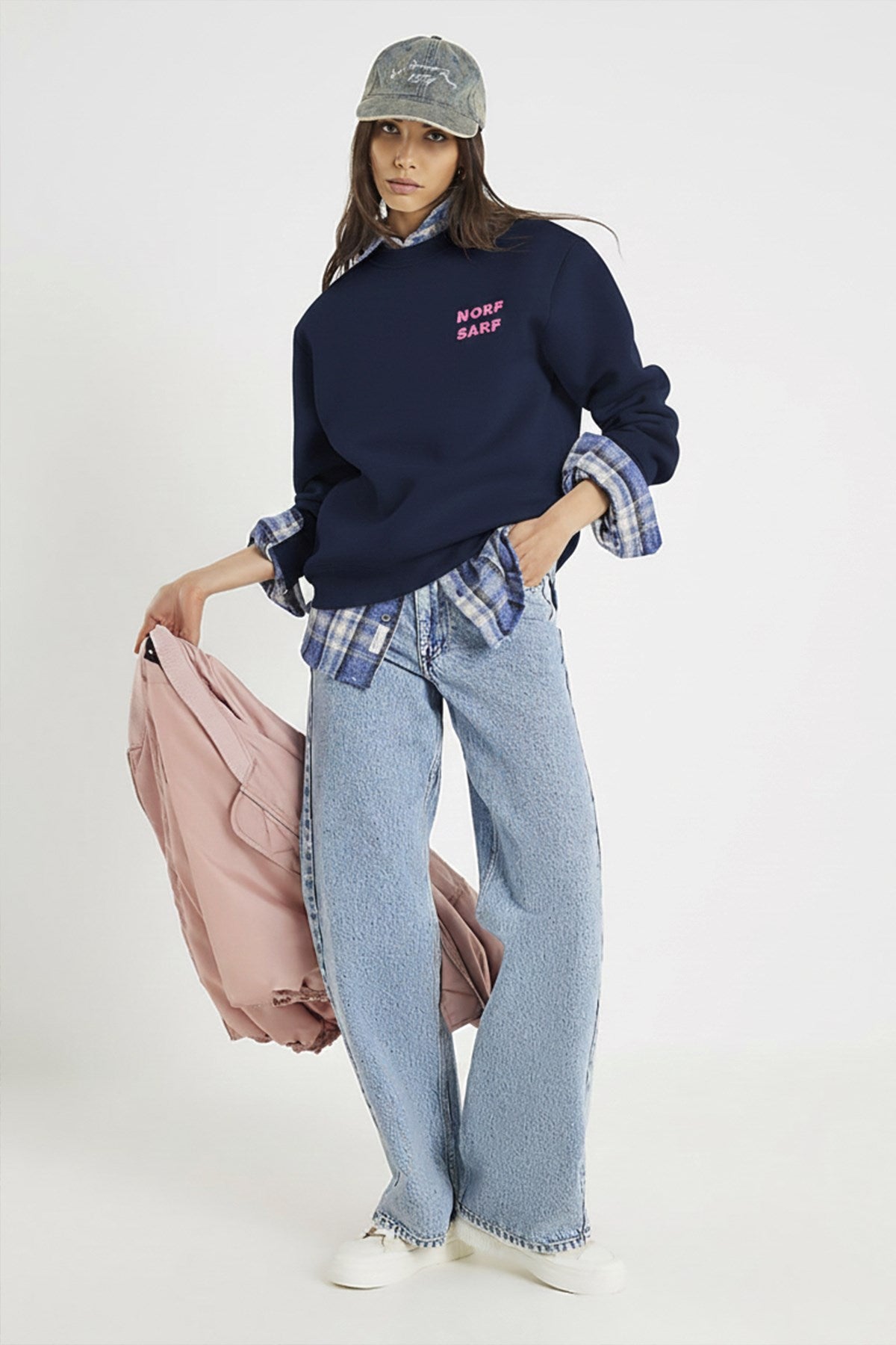 Unisex Oversize Sweatshirt Norf Sarf Harita Baskılı Lacivert – Bisiklet Yaka, 3 İplik Şardonlu Polar