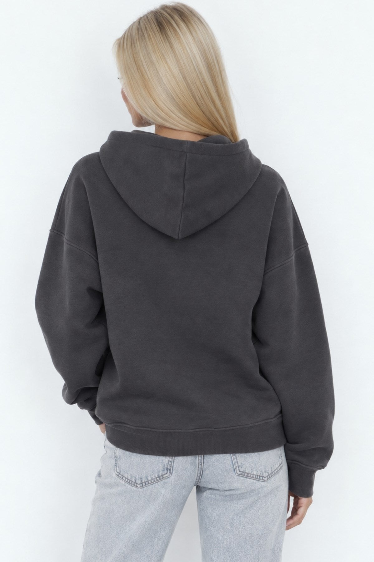 Kadın Oversize Hoodie Amore Baskılı Füme – Kapüşonlu, Kanguru Cepli, 3 İplik Şardonlu Polar