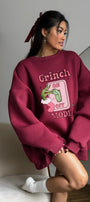 Kadın Oversize Sweatshirt Elbise Grinch Mode Baskılı Bordo – Bisiklet Yaka, 3 İplik Şardonlu Polar