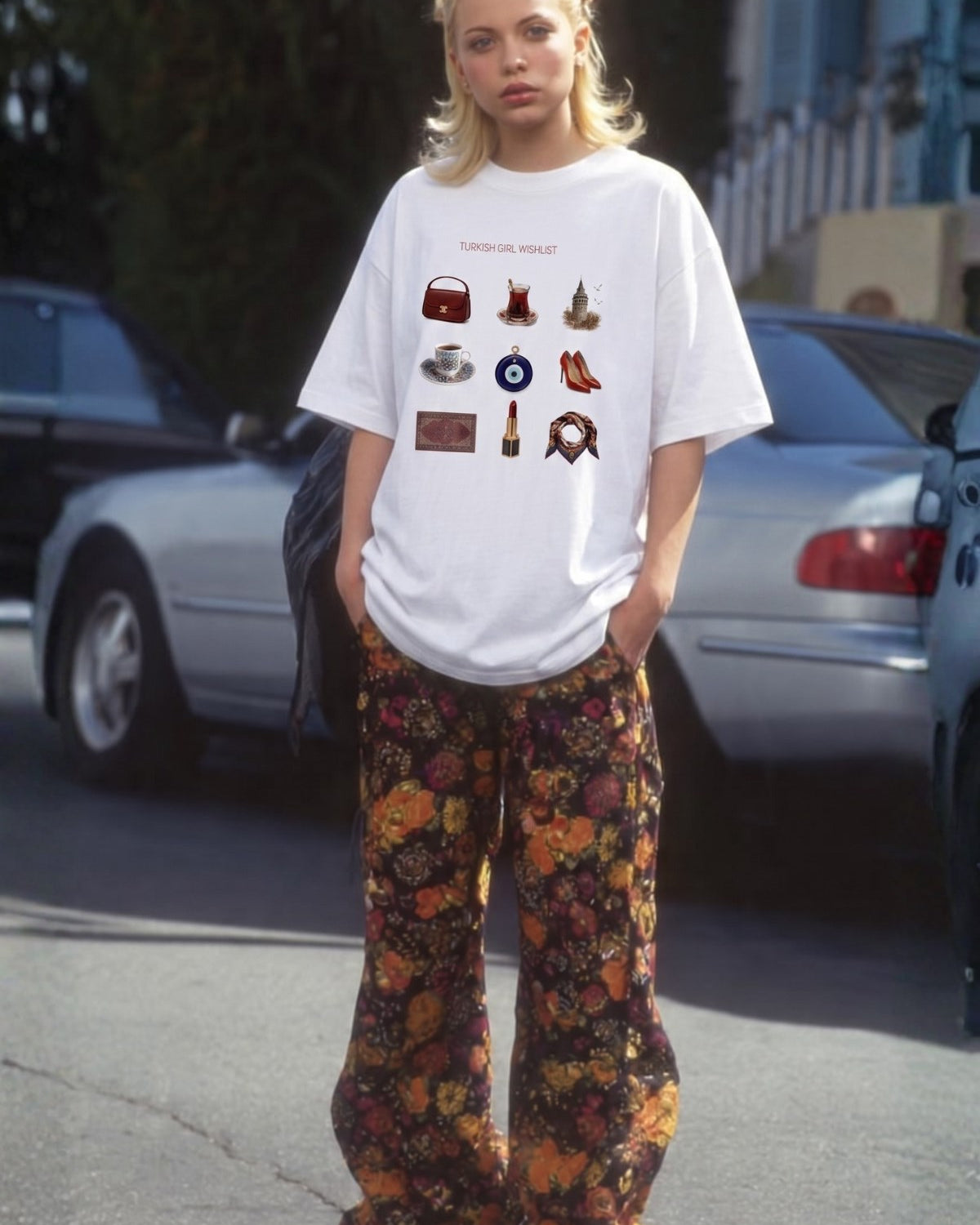 Kadın Oversize Tişört Turkish Girl Wishlist Baskılı Beyaz – Bisiklet Yaka, Rahat Kalıp, %100 Pamuk