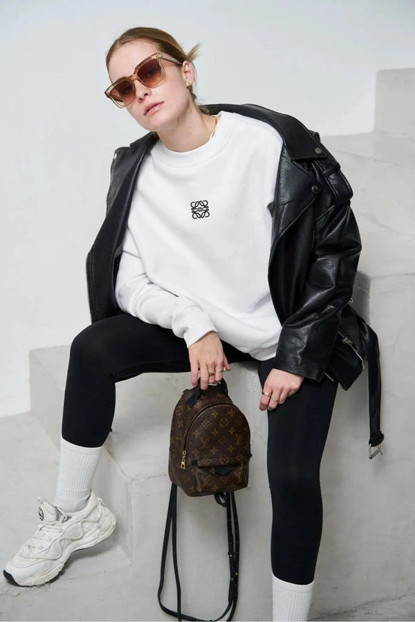 Beyaz Unisex Loewe Yüksek Baskı Bisiklet Yaka Oversize Sweatshirt