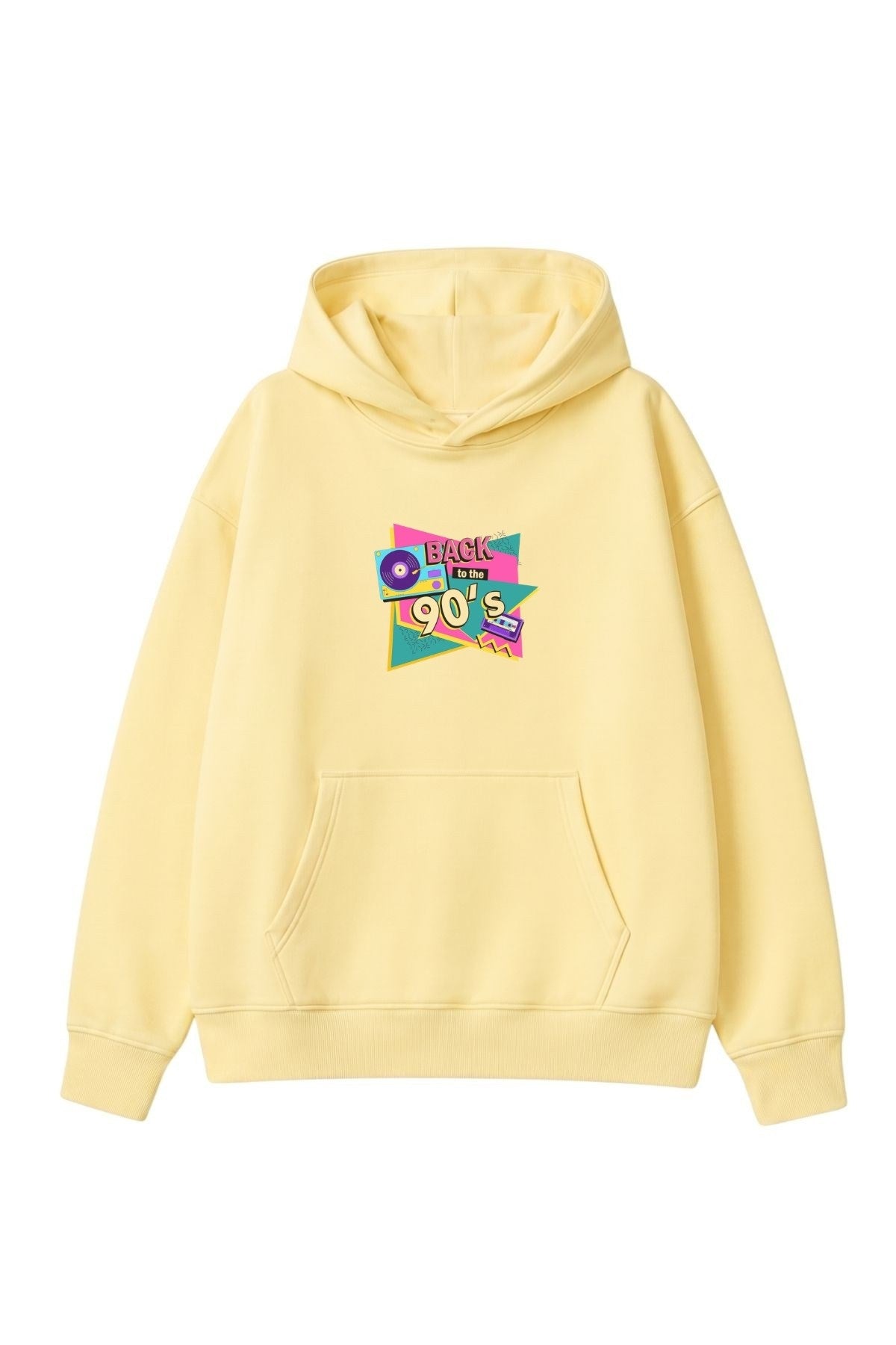 Kadın Oversize Hoodie Back To The 90’s Baskılı Sarı - Kapüşonlu, Kanguru Cepli, 3 İplik Polar