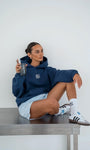 İndigo Unisex Yüksek Baskılı Kapüşonlu Kanguru Cepli Oversize Hoodie