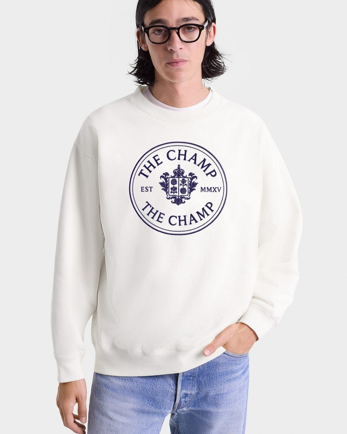 Unisex Ekru Sweatshirt – The Champ Armalı, Bisiklet Yaka, Şehir ve Üniversite Tarzı