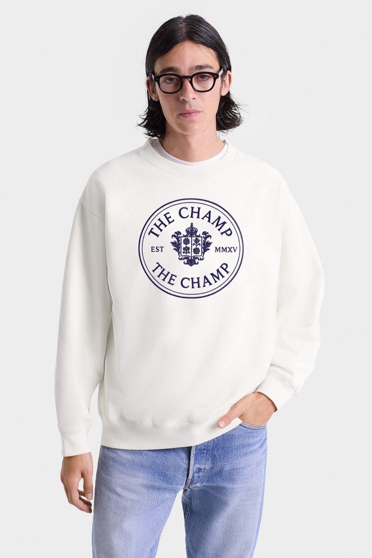 Unisex Ekru Sweatshirt – The Champ Armalı, Bisiklet Yaka, Şehir ve Üniversite Tarzı