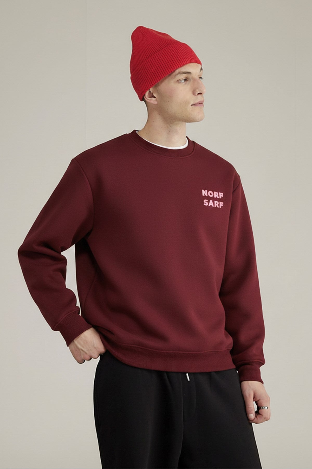 Unisex Oversize Sweatshirt Norf Sarf Harita Baskılı Bordo – Bisiklet Yaka, 3 İplik Şardonlu Polar