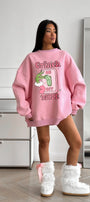 Kadın Oversize Sweatshirt Elbise Grinch Mode Baskılı Pembe – Bisiklet Yaka, 3 İplik Şardonlu Polar