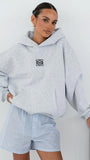 Gri Melanj Unisex Yüksek Baskılı Kapüşonlu Kanguru Cepli Oversize Hoodie