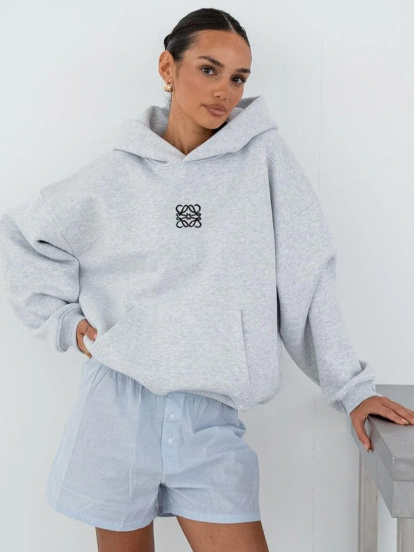 Gri Melanj Unisex Yüksek Baskılı Kapüşonlu Kanguru Cepli Oversize Hoodie