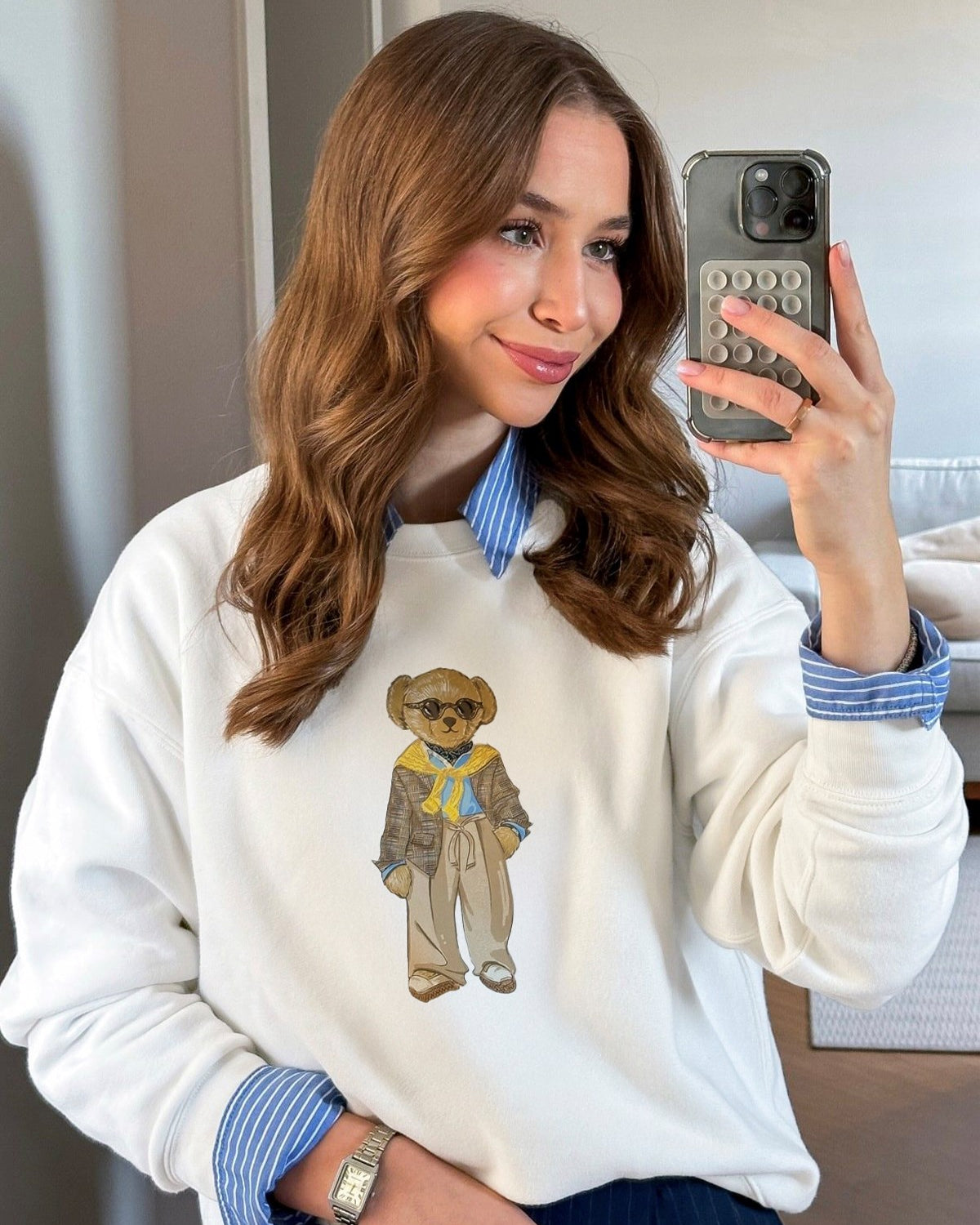 Kadın Oversize Sweatshirt Gentleman Bear Baskılı Beyaz – Bisiklet Yaka, 3 İplik Şardonlu