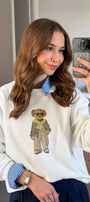 Kadın Oversize Sweatshirt Gentleman Bear Baskılı Beyaz – Bisiklet Yaka, 3 İplik Şardonlu