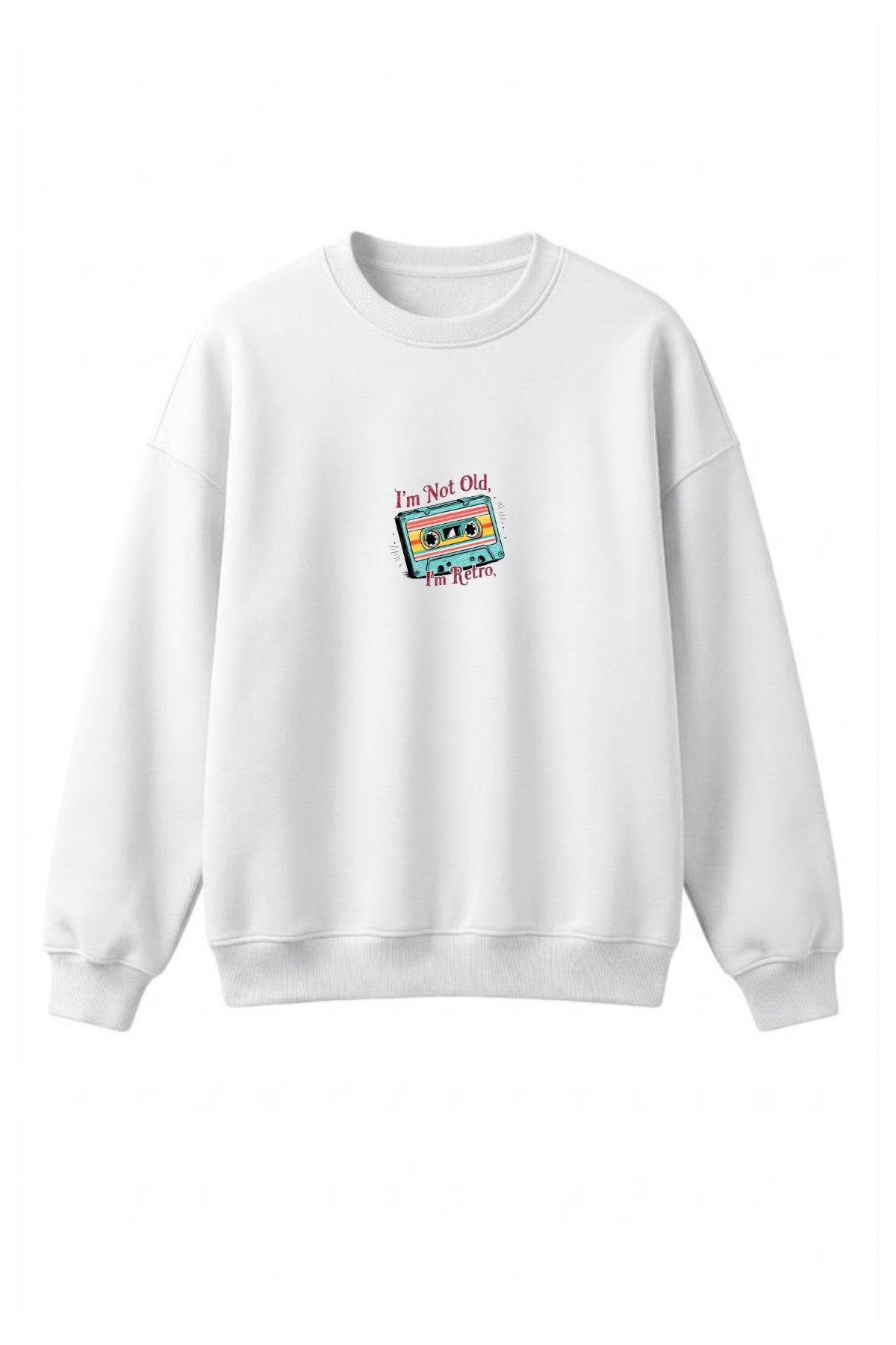 Kadın Oversize Sweatshirt Retro Kaset Baskılı Beyaz – Bisiklet Yaka, 3 İplik Şardonlu Polar