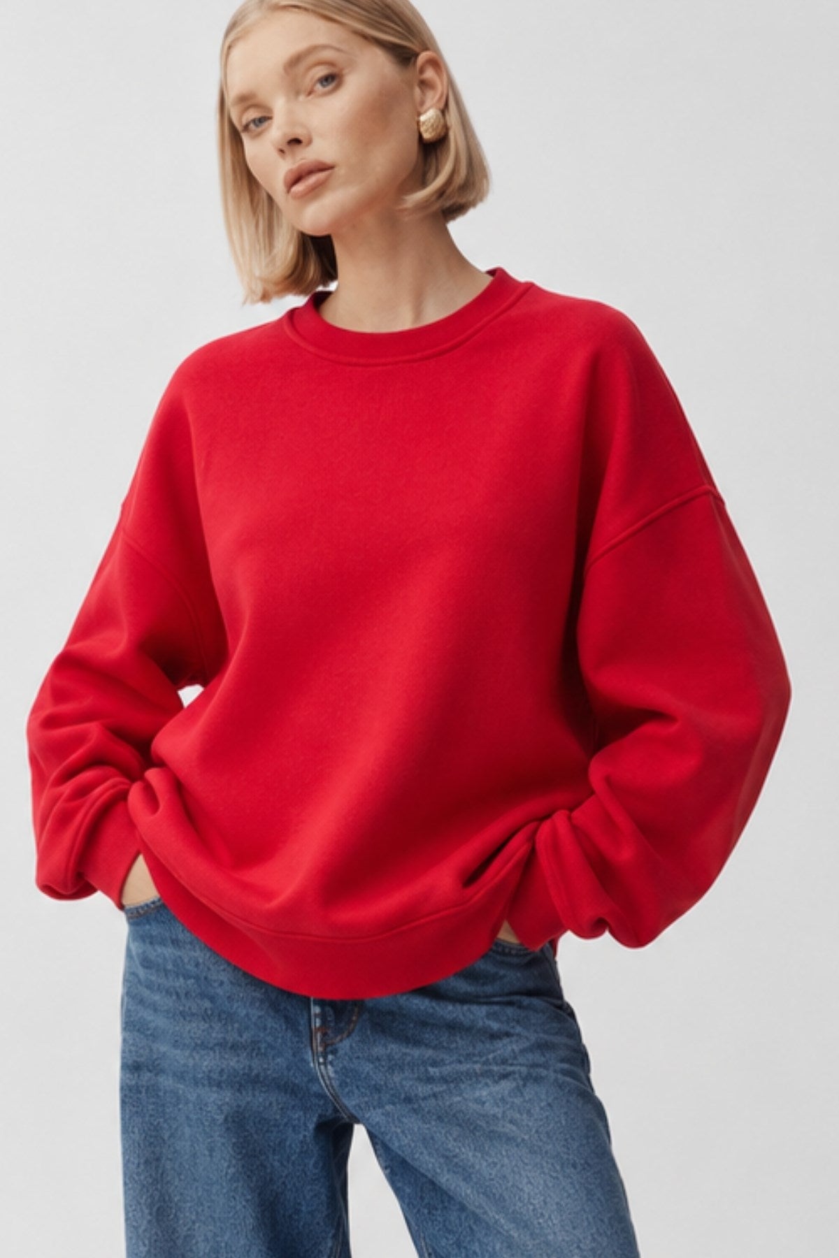 Kadın Oversize Sweatshirt Empathy 3D Baskılı Kırmızı – Bisiklet Yaka, 3 İplik Şardonlu Polar
