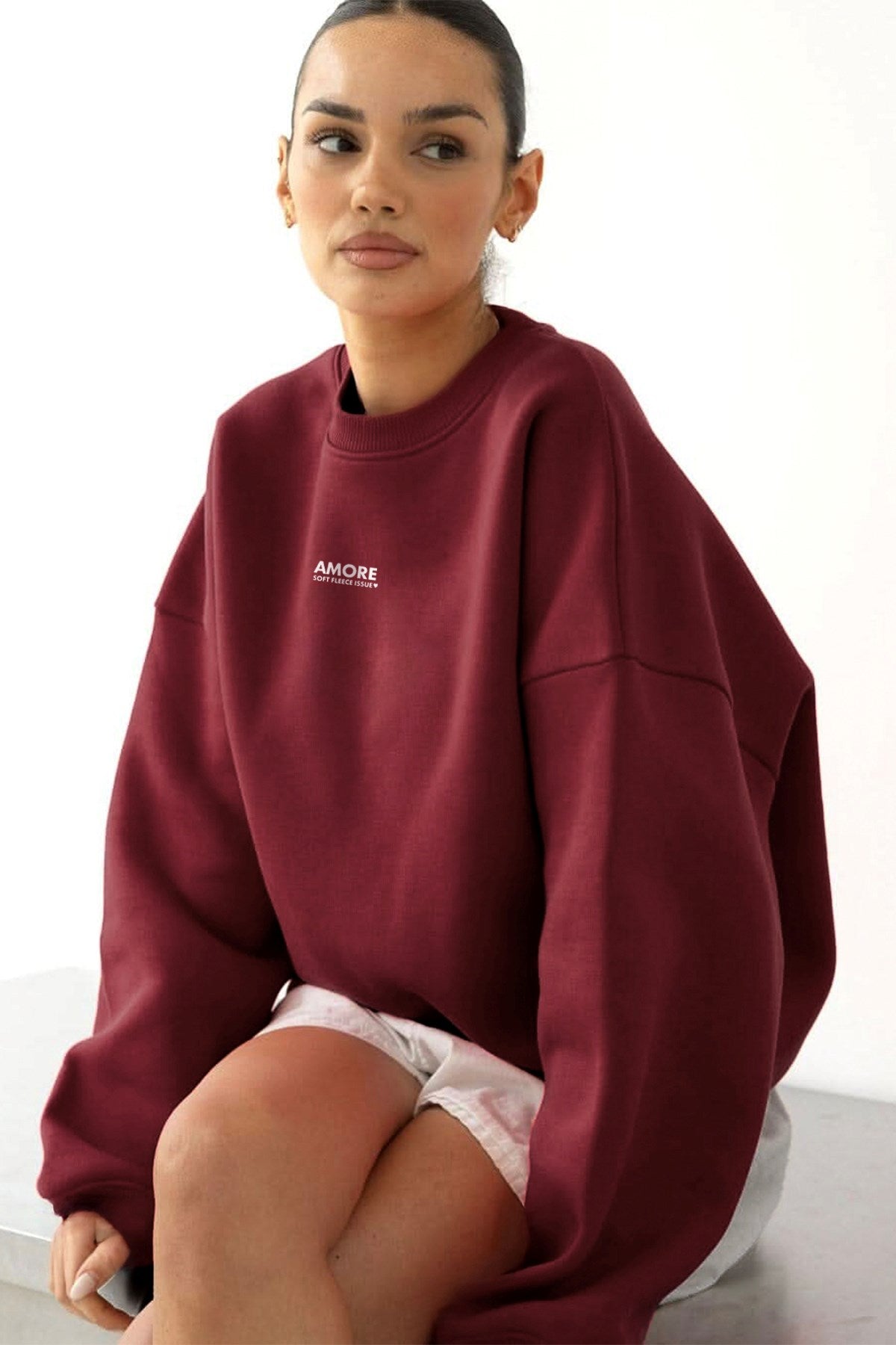 Kadın Oversize Sweatshirt AMORE Bordo – Bisiklet Yaka, 3 İplik Şardounlu Polar