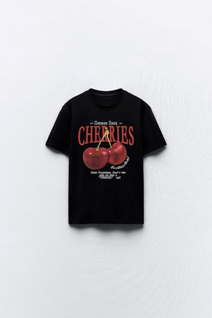 Cherries Yazılı Kiraz Tasarım Baskılı Siyah Kadın T-shirt