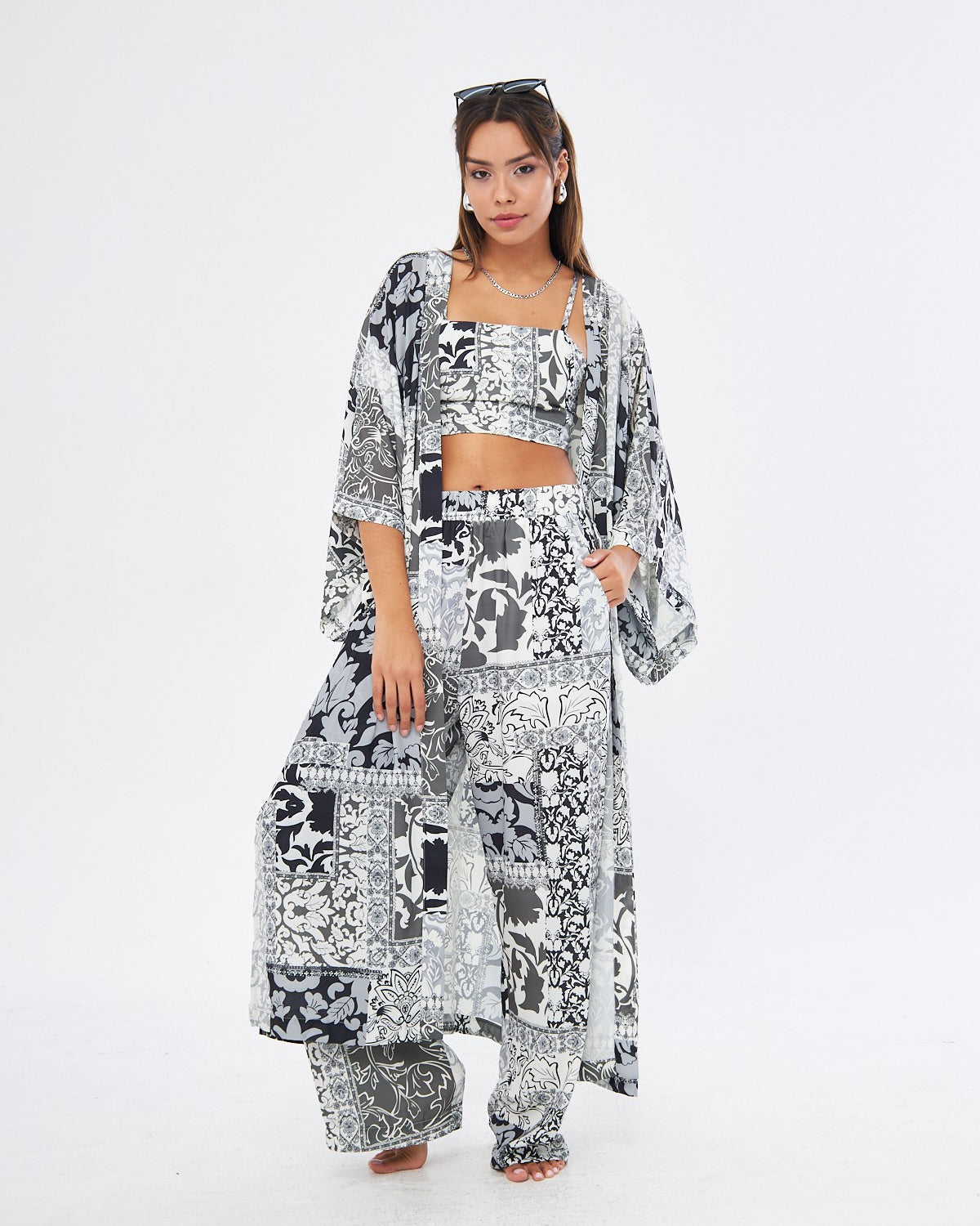 Kimono 3 Parça Büstiyerli Siyah Desenli Renk Alt-Üst Takım (Medine İpeği)