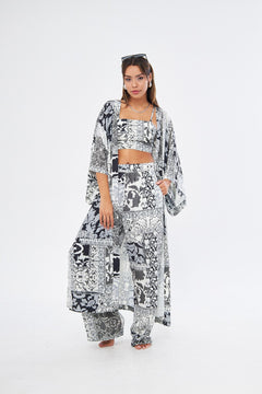 Kimono 3 Parça Büstiyerli Siyah Desenli Renk Alt-Üst Takım (Medine İpeği)