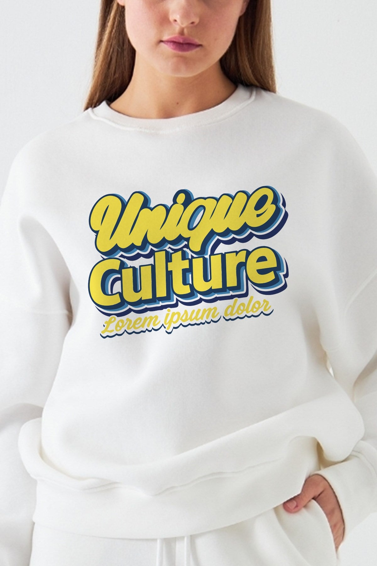 Kadın Oversize Sweatshirt Unique Culture Baskılı Beyaz – Bisiklet Yaka, 3 İplik Şardonlu Polar