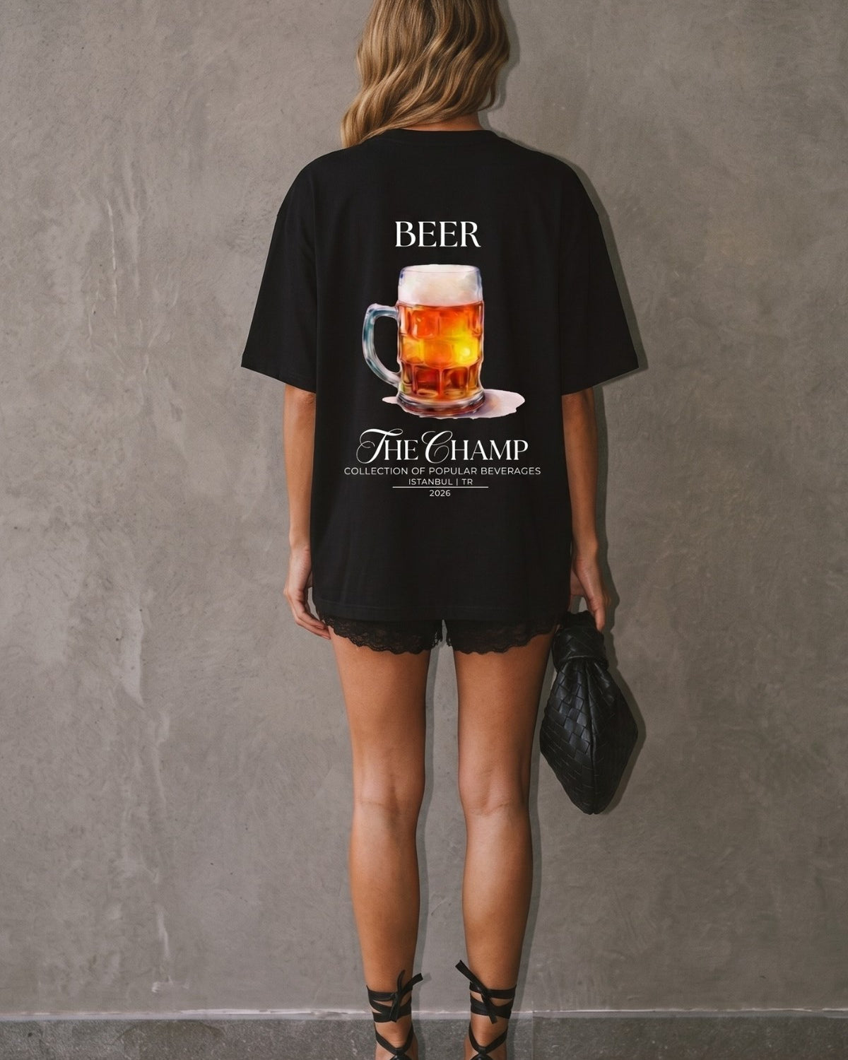 Unisex Oversize Tişört BEER Baskılı Siyah – Bisiklet Yaka, Rahat Kalıp, %100 Pamuk